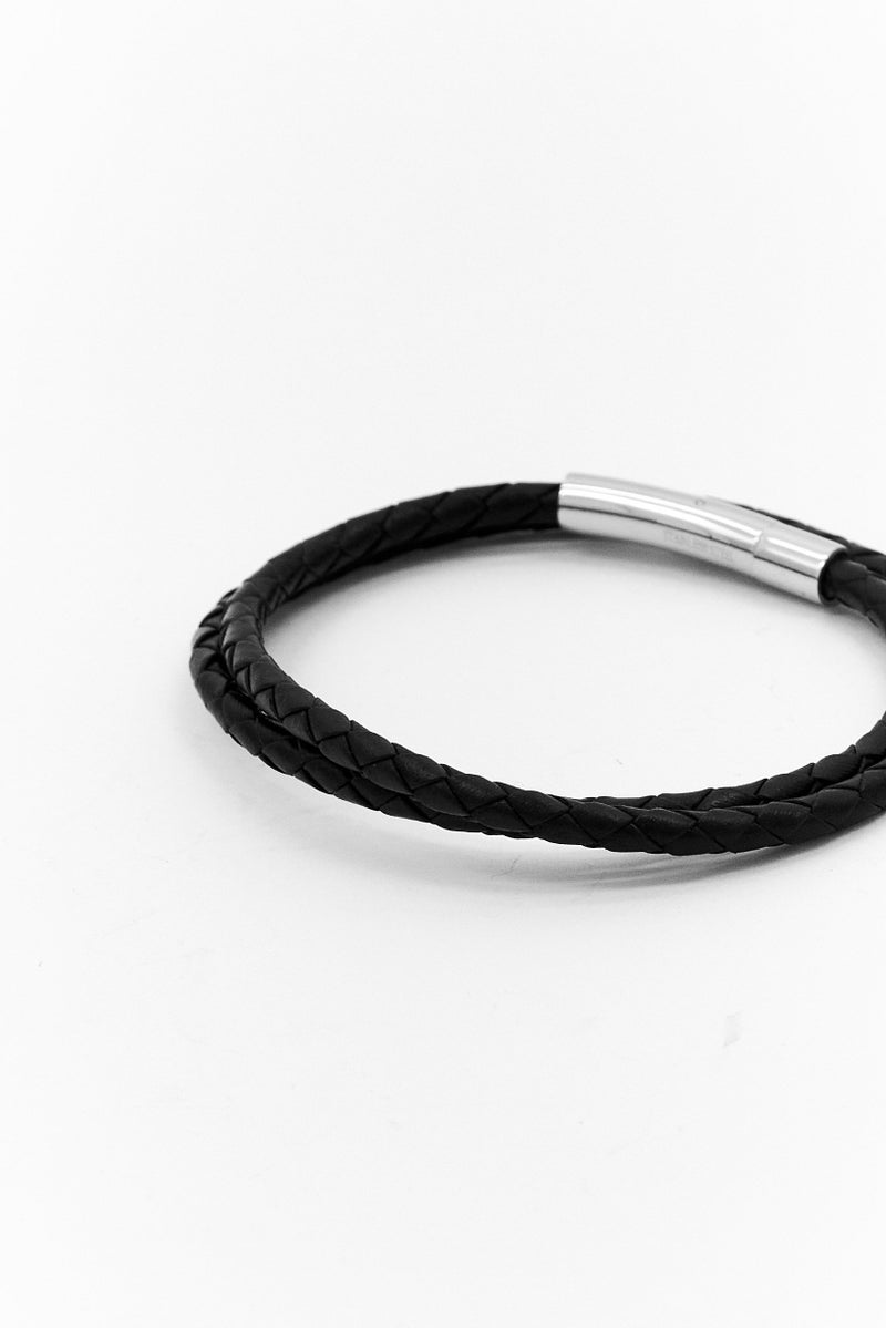 Steeltime Men Black Leather Braided Wrap Bracelet, Black - Image 3